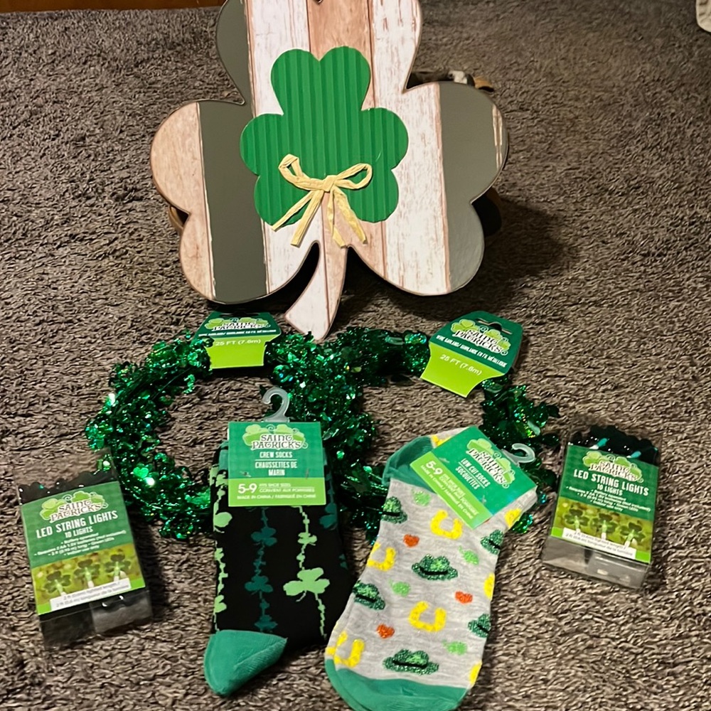 St. Patrick’s Day decorations, sign, garland, lights and 2 pair of socks!